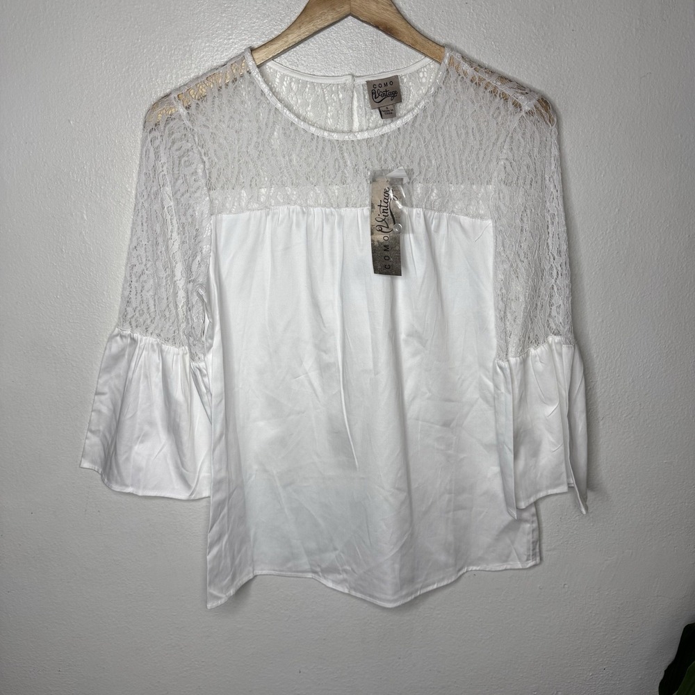 Como Vintage White Lace Detail Bell Sleeve Top Women's‎ Small Romantic Blouse
